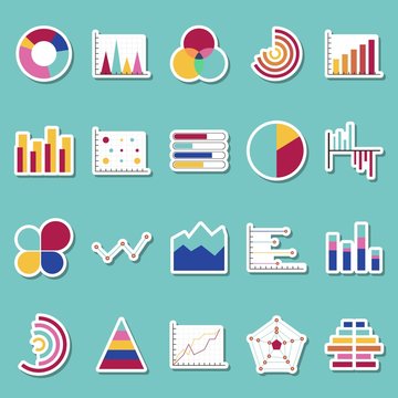 Business data graphs stickers icons. Financial and marketing charts stickers. Market elements dot bar pie charts diagrams and graphs. Business infographic flow sheet diagram. Flat icons set isolated.