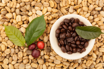 Dried, ripe and roasted coffee beans