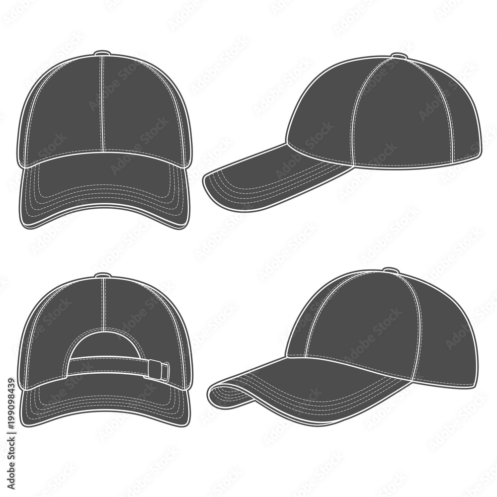 Poster set of black and white illustrations with a baseball cap. isolated vector objects on white backgroun