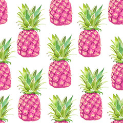 Seamless pattern with pink pineapple on a white background. Watercolor