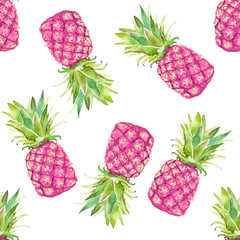 Seamless pattern with pink pineapple on a white background. Watercolor