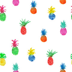 Seamless pattern with multi-colored pineapple on a white background. Watercolor