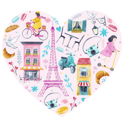 Naklejka premium Watercolor Paris heart