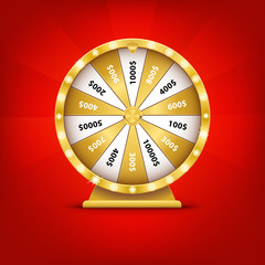 Realistic 3d spin golden fortune wheel, lucky roulette vector illustration on red background. Online casino lucky game, gold roulette. Gambling  lottery.