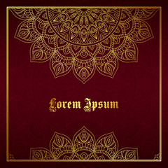 Greeting card, invitation or flyer template with golden mandala ornament. Hand drawn vector illustration