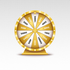 Realistic 3d spin golden fortune wheel, lucky roulette vector illustration on transparent background. Online casino lucky game, gold roulette. 