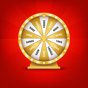 Realistic 3d spin golden fortune wheel, lucky roulette vector illustration on red background. Online casino lucky game, gold roulette. Gambling  lottery.