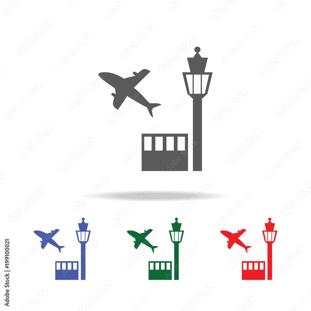 Poster tower controller and plane icon. elements of airport multi colored icons. premium quality graphic de