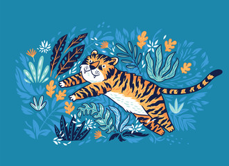 Tiger is jumping in tropical garden. Vector illustration
