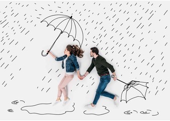 creative hand drawn collage with couple running under rain with umbrellas