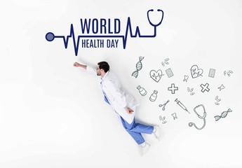 creative collage of doctor flying like super hero with world health day inscription and medical icons