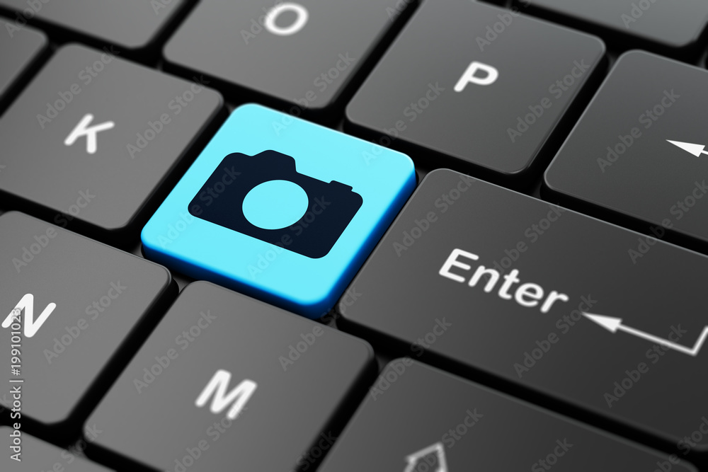 Aufkleber vacation concept: computer keyboard with photo camera icon on enter button background, 3d rendering