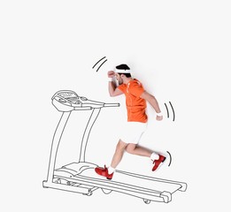 creative hand drawn collage with man running on treadmill