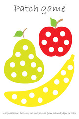 Education Patch game fruit for children to develop motor skills, use plasticine patches, buttons, colored paper or color the page, kids preschool activity, printable worksheet, vector illustration