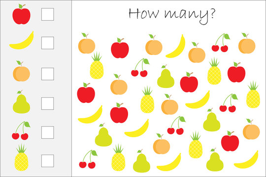 How many counting game with fruit for kids, educational maths task for the development of logical thinking, preschool worksheet activity, count  and write the result, vector illustration