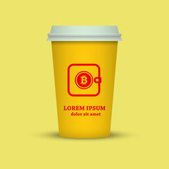 cryptocurrency coffee. coffee cup with bitcoin wallet sign in yellow and red colors