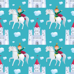 Colorful seamless pattern with a picture of a fairytale castle and Prince. Vector background.