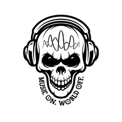 Music on world off skull in headphones. Vector vintage illustration.