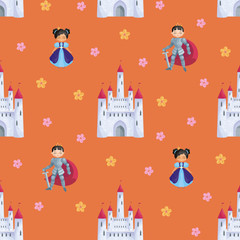 Colorful seamless pattern with a picture of a fairytale castle,  Princess and Prince. Vector background.