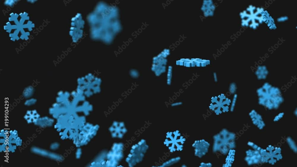 Poster abstract 3d rendering of flying snowflakes shapes. computer generated animation. winter motion backg