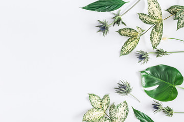 Summer tropical composition. Green tropical leaves and flowers on gray background. Summer concept. Flat lay, top view, copy space