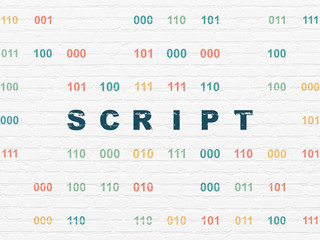 Database concept: Painted blue text Script on White Brick wall background with Binary Code