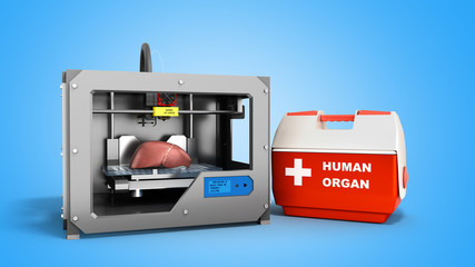 concept of transplantation process of creating human organs using 3D printer illustration isolated on blue