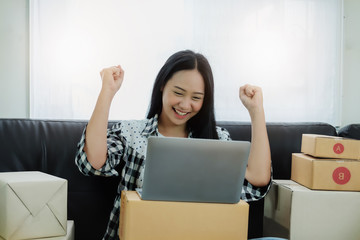 Business achievement concept, Business woman  entrepreneur, Show signs of rejoicing at sales target success.