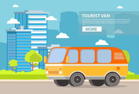 City landscape with buildings of skyscrapers and the road on which the retro the vintage van goes tourist. The vehicle for road trips. In flat style a vector. With trees and bushes.