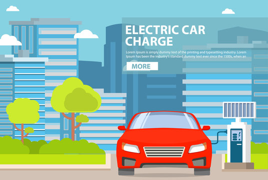 Station electro recharge cars panel solar power battery.City landscape buildings skyscrapers and road trees and bushes.Environmentally friendly electric vehicle.Green renewable resources flat vector.