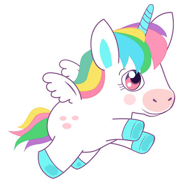 Cute Little Magic Unicorn Vector Illustration. Fairy Tale Character. Fantasy Cartoon Character. Flying Unicorn. Animals And Mythical Creatures.