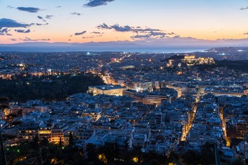Cityscape of Athens in Greece at dusk