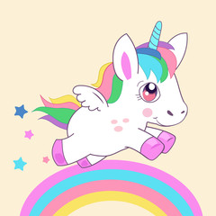 Cute Little Magic Unicorn, Walking On The Rainbow Vector Illustration. Fairy Tale Character. Fantasy Cartoon Character. Animals And Mythical Creatures.