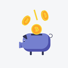 Vector image of bitcoins falling into the piggy bank