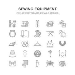 Sewing equipment, tailor supplies flat line icons set. Needlework accessories - sewing embroidery machine, pin, needle, thread, zipper, hanger and other DIY tools. Pixel perfect 128x128.