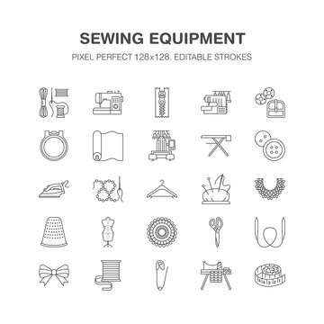 Sewing equipment, tailor supplies flat line icons set. Needlework accessories - sewing embroidery machine, pin, needle, thread, zipper, hanger and other DIY tools. Pixel perfect 128x128.
