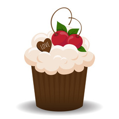 Valentine cupcake with chocolate and cherry, vector illustration.