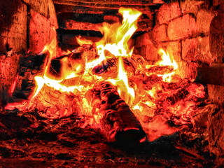 Burning birch logs in the Russian furnace