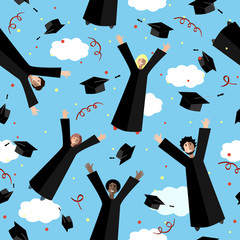 Happy Graduates flying in the air with graduation hats. Jumping Students and Graduation Caps. Vector seamless pattern