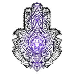 Illustration of Hamsa with boho pattern. Buddhas hand. Vector element for your sketch of tattoo, coloring book, T-shirt print and your design.