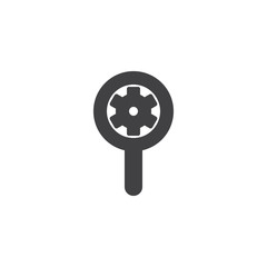 Obraz premium Magnifying glass with gear vector icon. filled flat sign for mobile concept and web design. SEO, Search engine optimization simple solid icon. Symbol, logo illustration. Pixel perfect vector graphics