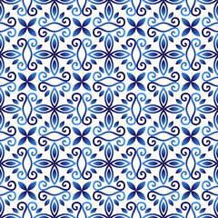 Ceramic tile pattern. Islamic, indian, arabic motifs. Damask seamless pattern. Porcelain ethnic bohemian background.