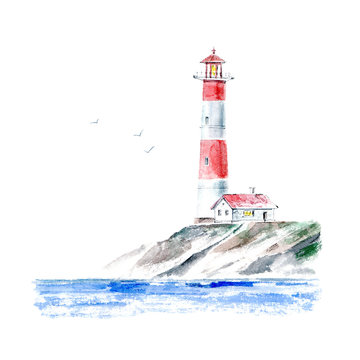 Landscape of a lighthouse and the ocean.Sea picture.Watercolor hand drawn illustration.White background.