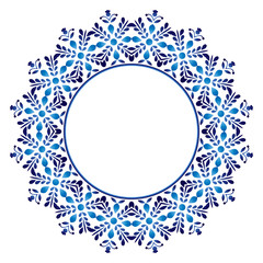 Ceramic tile pattern. Decorative round ornament. White background with art frame. Islamic, indian, arabic motifs.