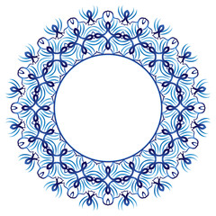 Ceramic tile pattern. Decorative round ornament. White background with art frame. Islamic, indian, arabic motifs.