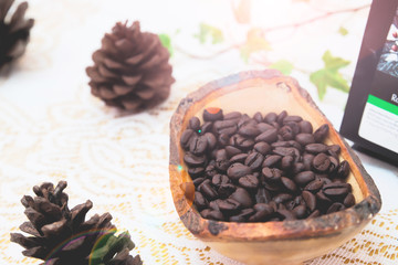 Raw coffee beans on vintage style table