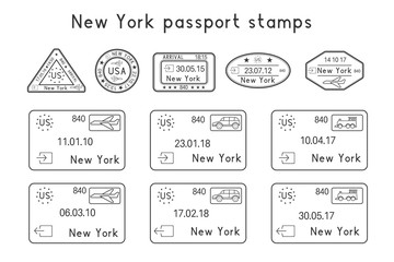 Passport stamps. New York, USA. Arrival and departure by car, train, plane. Set of black and white stamps