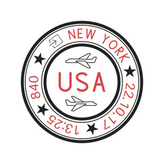 USA round travel stamp for passport. Red and black New York ink stamp
