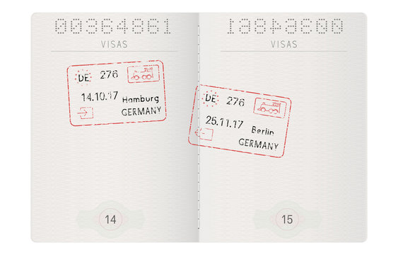 Passport pages with german stamps. Hamburg and Berlin ink stamps