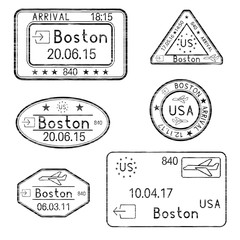 Passport stamps. Arrival to Boston, USA. Black set of ink stamps